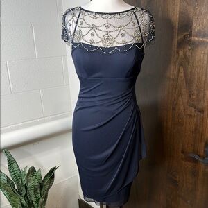 Elegant Blue Sheath Midi Dress with Cap Sleeves embellished Size 4 semi formal